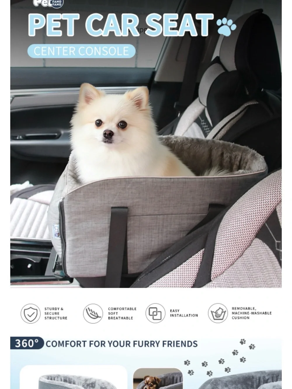 Gray Pet Car Seat Booster with Plush Lining